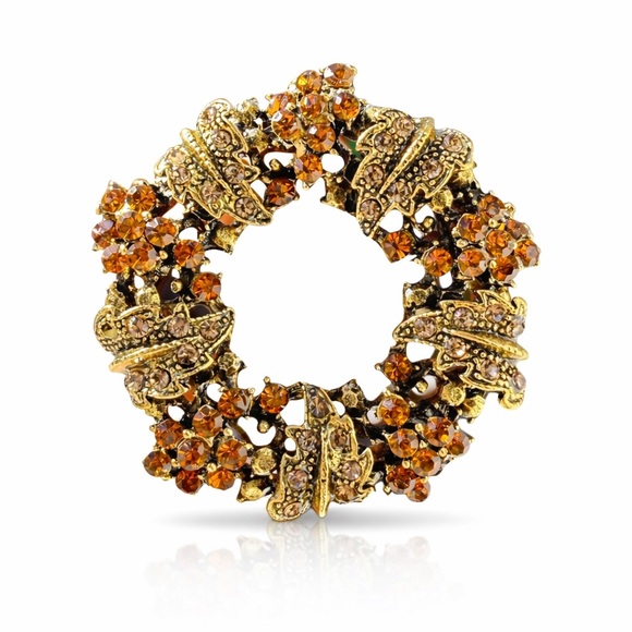 Anthropologie Jewelry - Holiday Wreath Brooch Orange and Gold Accents